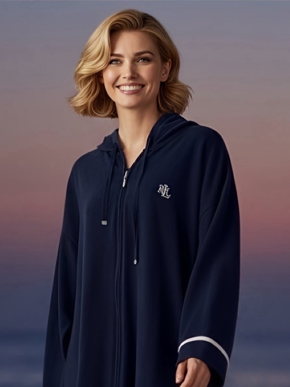 Lauren Ralph Lauren Women’s Hooded Lounge Cardigan Robe Navy Blue Zip Front XL